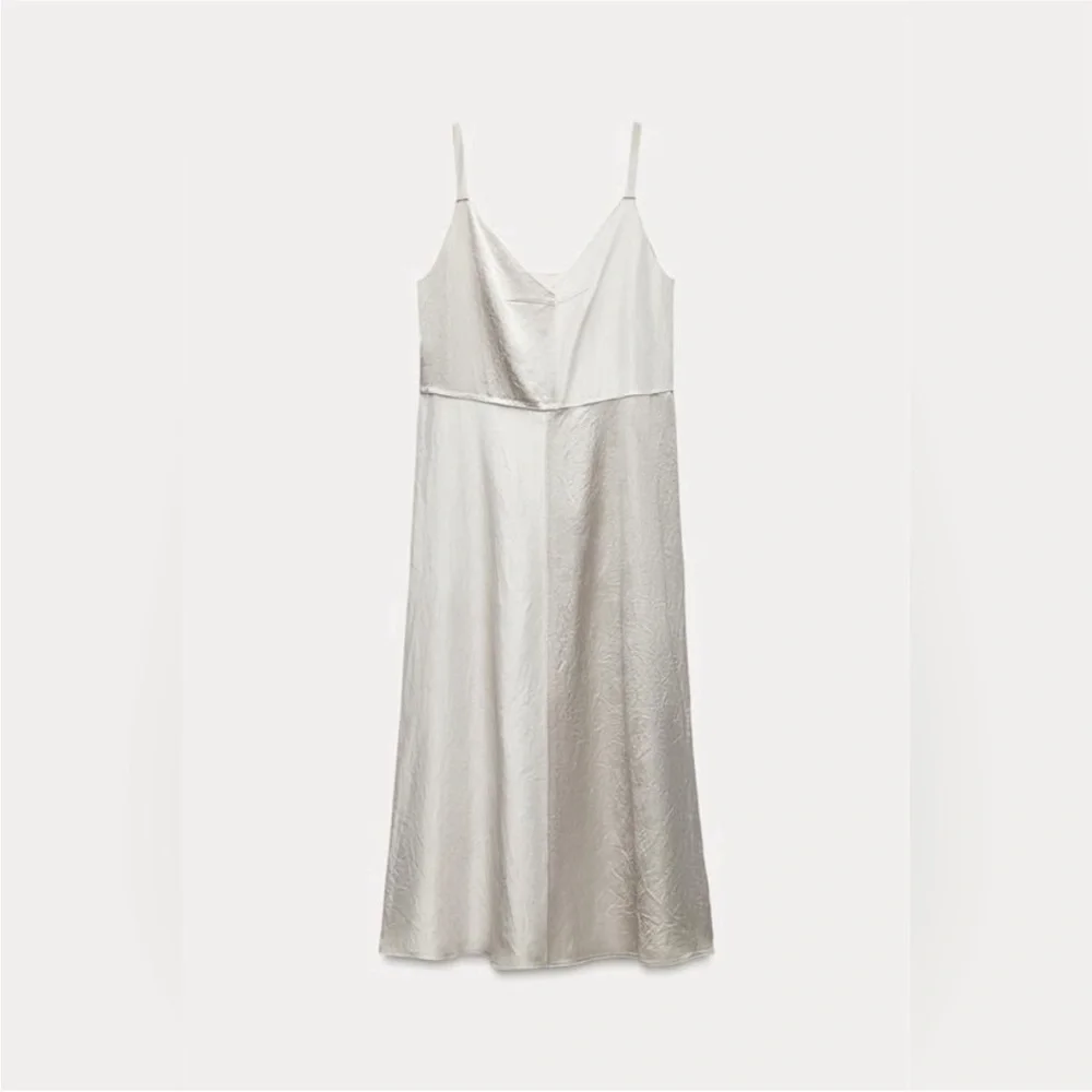 Zara Cream Satin Midi Dress with Spaghetti Straps